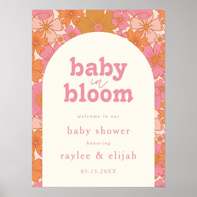 Retro Groovy Boho Pink Baby in Bloom Welcome Sign (Front)