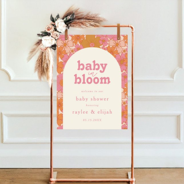 Retro Groovy Boho Pink Baby in Bloom Welcome Sign (Creator Uploaded)