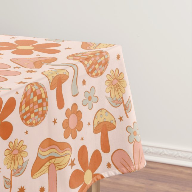 Retro Groovy Boho Pink Orange Disco Mushrooms Tablecloth (In Situ)
