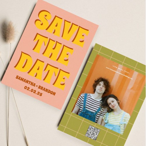 Retro Groovy Bold  Bright Boho Wedding Qr Code  Save The Date