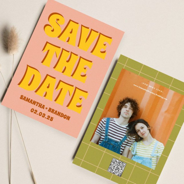 Retro Groovy Bold & Bright Boho Wedding Qr Code  Save The Date (Creator Uploaded)