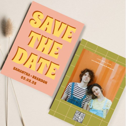 Retro Groovy Bold  Bright Boho Wedding Qr Code  Save The Date