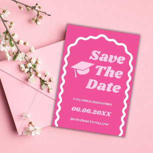 Retro Groovy Bold Pink Wavy Grad Cap Graduation Save The Date