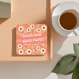 Retro Groovy Bold Typography Colorful 70's Wedding Square Paper Coaster