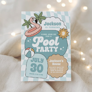 Retro Groovy Boy Pool Party Birthday Invitation