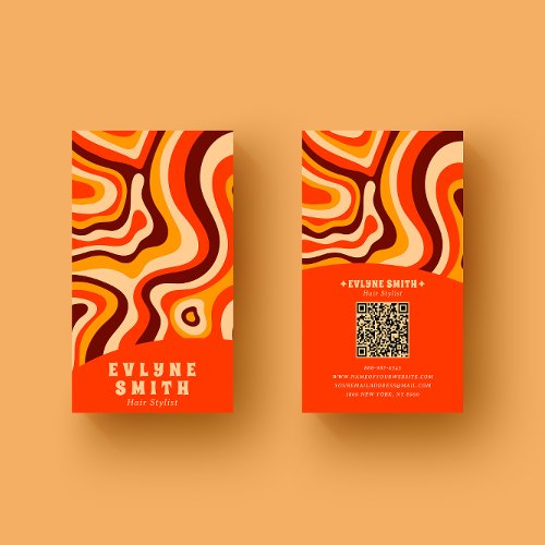 Retro Groovy Bright Orange QR Code Bold Boho  Business Card