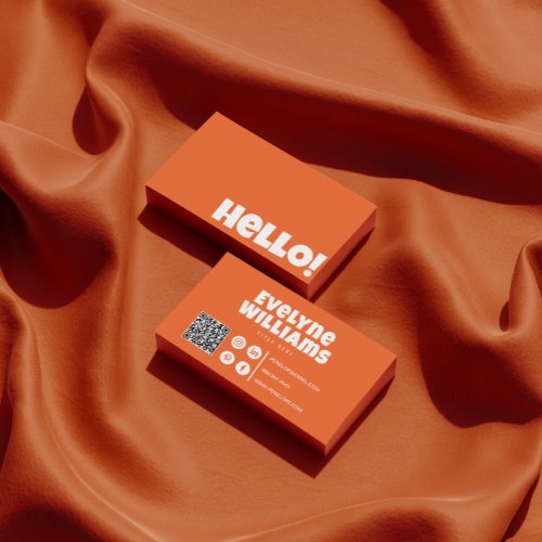 Retro Groovy Bright Orange QR Code Hello Modern Business Card
