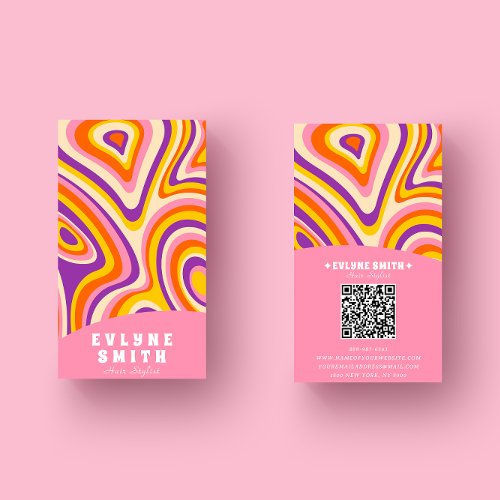 Retro Groovy Bright Pink QR Code Bold Boho Unique Business Card