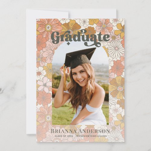 Retro Groovy Brown Floral Arch Graduation Photo Invitation