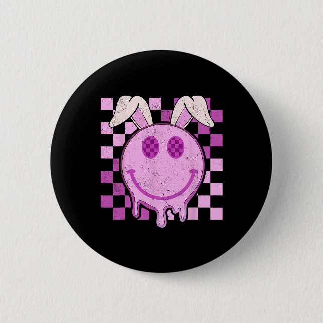 Retro Groovy Bunny Smile Face Happy Easter Day Rab Button (Front)