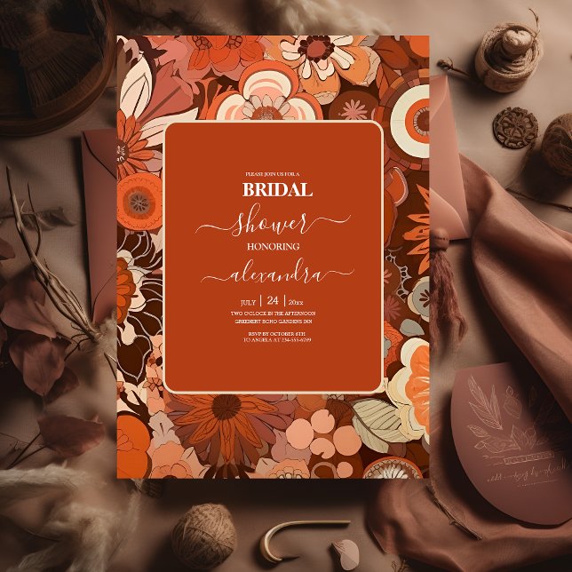 Retro Groovy burn orange floral bridal Invitation (Creator Uploaded)