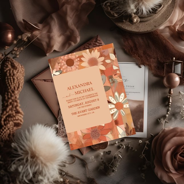 Retro Groovy burn orange floral wedding Invitation (Creator Uploaded)