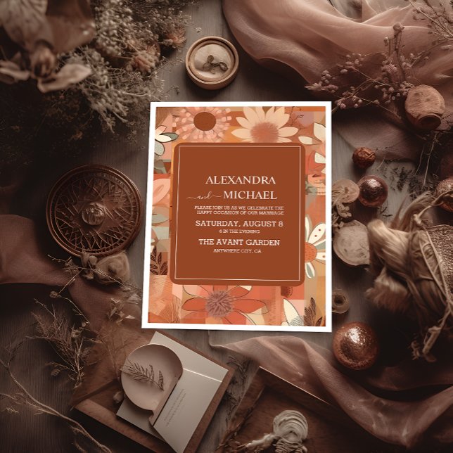 Retro Groovy burn orange floral wedding Invitation (Creator Uploaded)