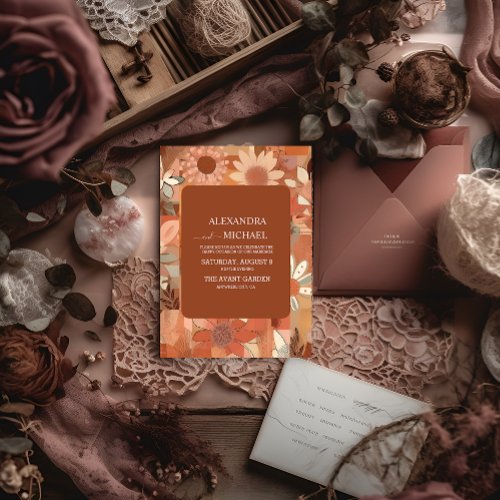 Retro Groovy burn orange floral wedding Invitation