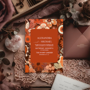 Retro Groovy burn orange floral wedding Invitation