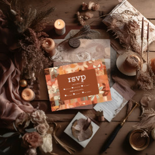 Retro Groovy burn orange floral wedding RSVP Card