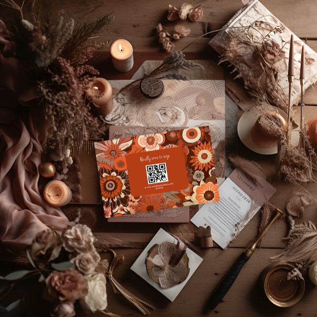 Retro Groovy burn orange floral wedding RSVP Card (Creator Uploaded)