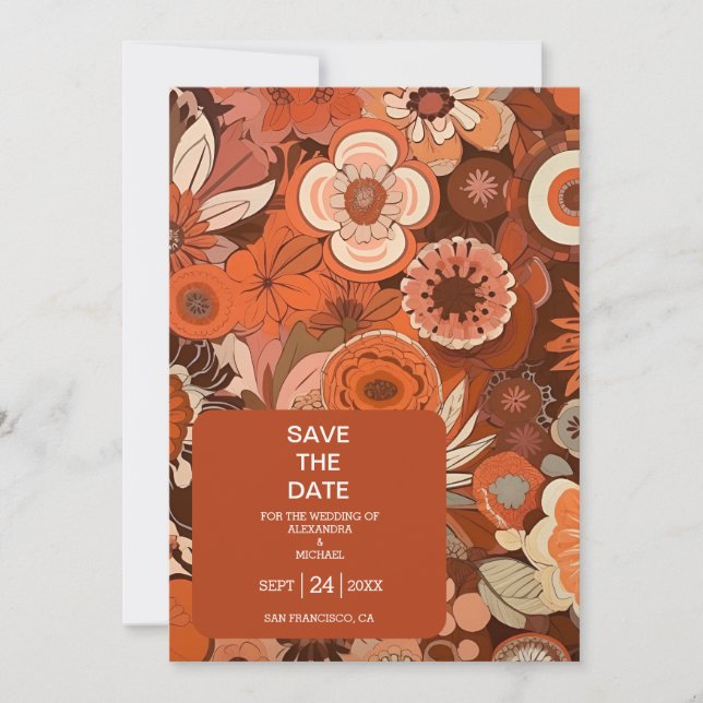 Retro Groovy burn orange floral wedding Save The Date (Front)