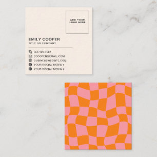 Retro Groovy Checker Checkerboard Logo Pink Orange Square Business Card
