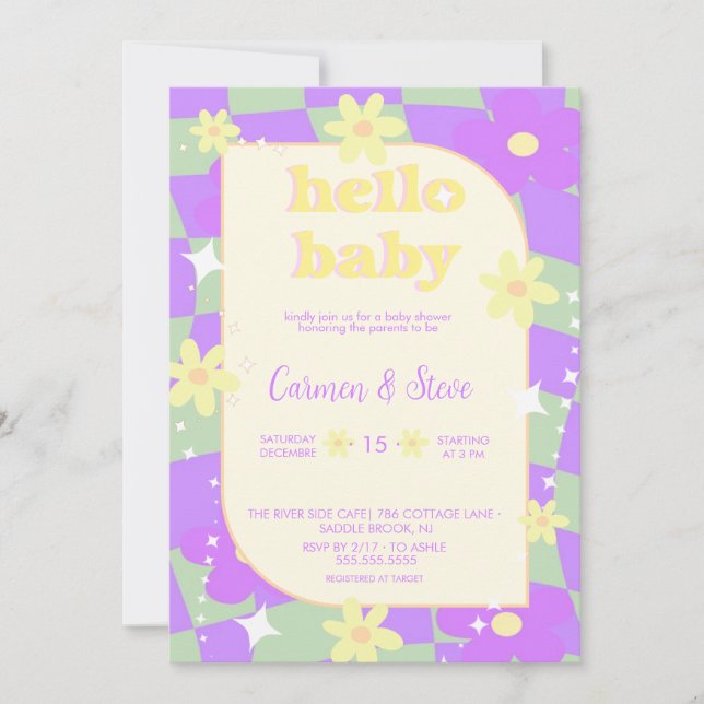 Retro groovy Checkerboard  baby shower Invitation (Front)