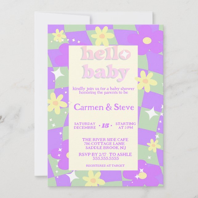 Retro groovy Checkerboard  baby shower Invitation (Front)