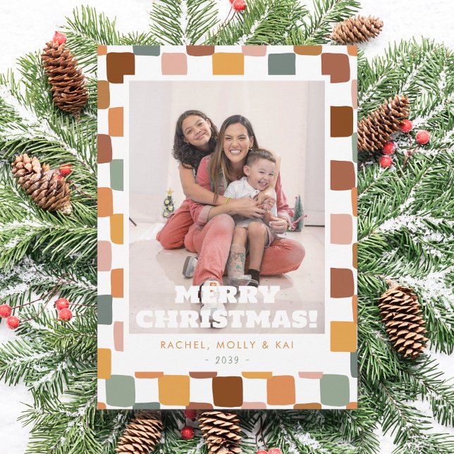 Retro Groovy Checkered Family Photo Fun Christmas Holiday Card (Creator Uploaded)