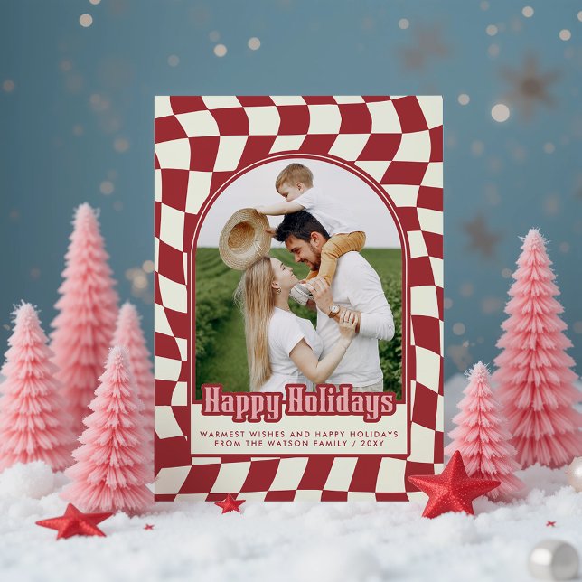 Retro Groovy Checkered Happy Holidays Photo Holiday Card (Retro Groovy Checkered Happy Holidays Photo Holiday Card)