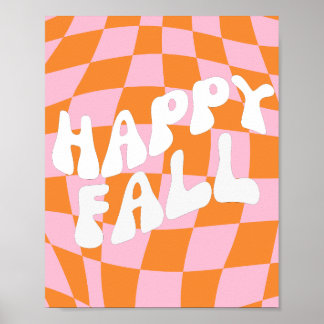 Retro Groovy Checkered Pink And Orange Fall Wall Poster
