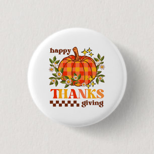 Retro Groovy Checkered Pumpkin Daisy Thanksgiving Button