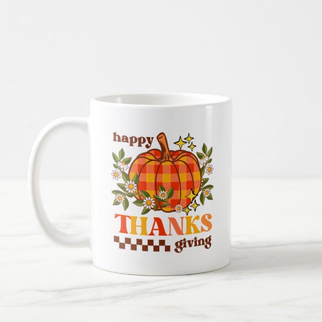 Retro Groovy Checkered Pumpkin Daisy Thanksgiving Coffee Mug (Left)