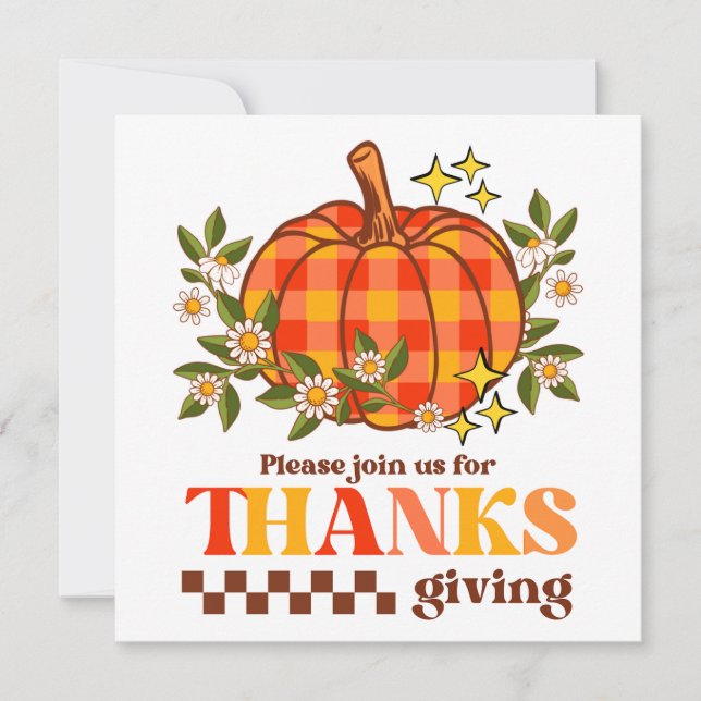Retro Groovy Checkered Pumpkin Daisy Thanksgiving Invitation (Front)