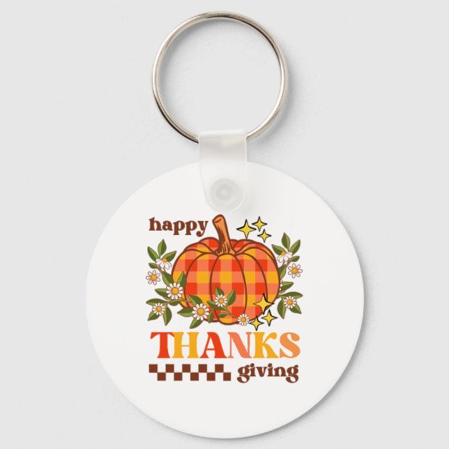 Retro Groovy Checkered Pumpkin Daisy Thanksgiving Keychain (Front)