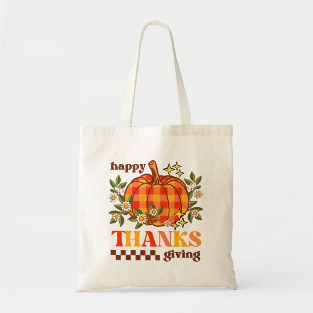 Retro Groovy Checkered Pumpkin Daisy Thanksgiving Tote Bag (Front)