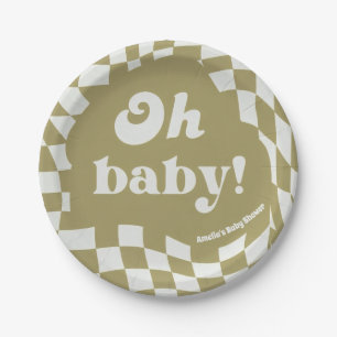 Retro Groovy Checkered Sage Green Oh Baby Paper Plates