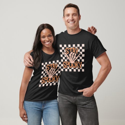 Retro Groovy Checkered Stay Spooky Halloween T_Shirt
