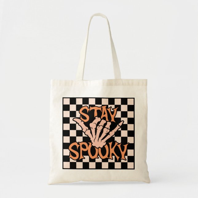 Retro Groovy Checkered Stay Spooky Halloween Tote Bag (Front)