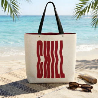 Retro Groovy CHILL Wavy Red Aesthetic Canvas Tote Bag