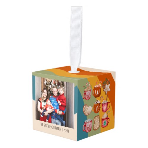 Retro Groovy Christmas 3 Family Photos Memory Cube Ornament