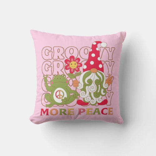 Retro Groovy Christmas Gnome Mor Peace Throw Pillow