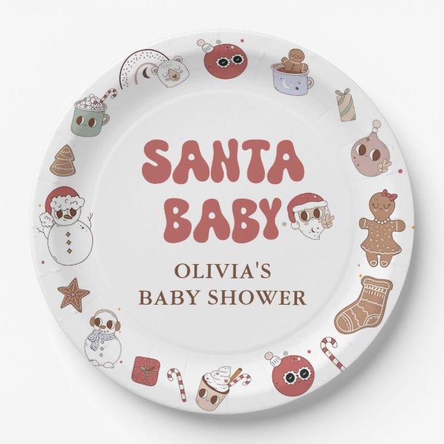 Retro Groovy Christmas Santa Baby Shower Paper Plates (Front)