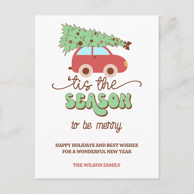 Retro Groovy Christmas Tree Car Tis the Season Holiday Postcard (Front)
