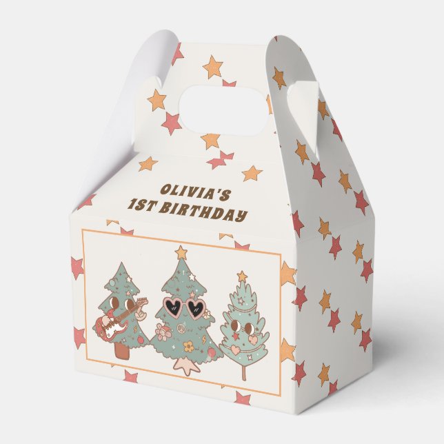 Retro Groovy Christmas Tree Hippie Birthday Party Favor Boxes (Front Side)