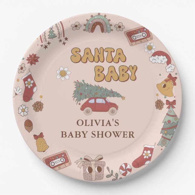 Retro Groovy Christmas Tree Santa Baby Shower Paper Plates (Front)