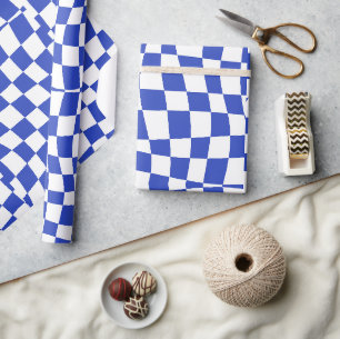 retro groovy coastal blue wavy checkered  wrapping paper