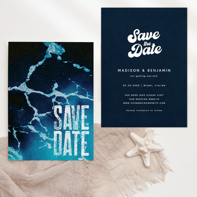 Retro Groovy Coastal Summer Blue Ocean Wedding Save The Date (Creator Uploaded)
