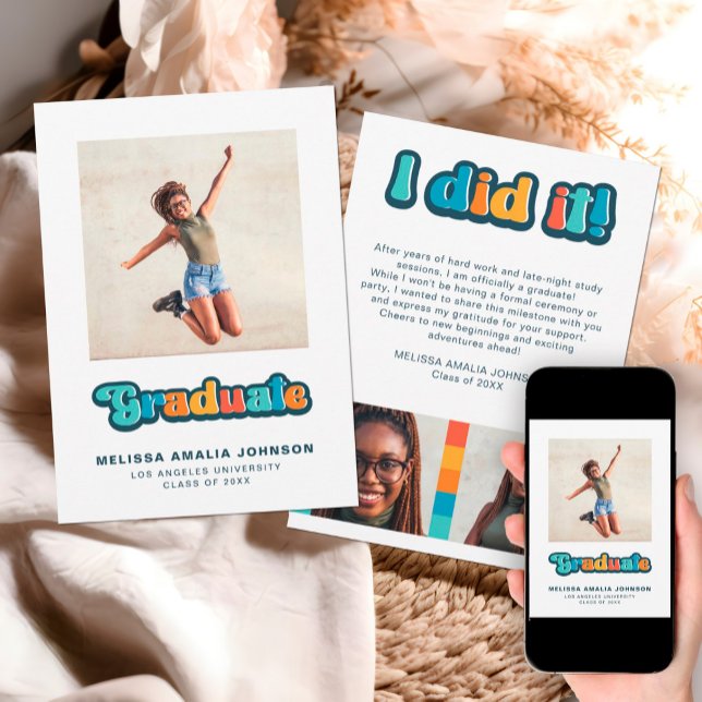 Retro groovy color 3 photo Graduation announcement (Creator Uploaded)