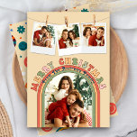 Retro Groovy Colorful 4 Photo Beige Christmas Holiday Card