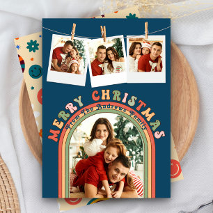 Retro Groovy Colorful 4 Photo Blue Christmas Holiday Card