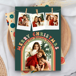 Retro Groovy Colorful 4 Photo Green Christmas Holiday Card