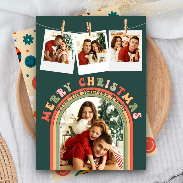 Retro Groovy Colorful 4 Photo Green Christmas Holiday Card (Creator Uploaded)